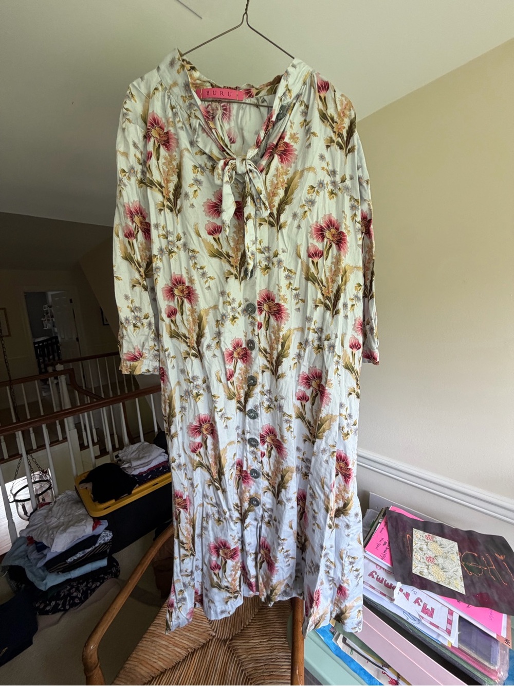 Tie-Neck Floral Button-Front Maxi Dress - Pink Floral on Cream